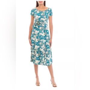 Elegant Floral Teal and White Midi Dress